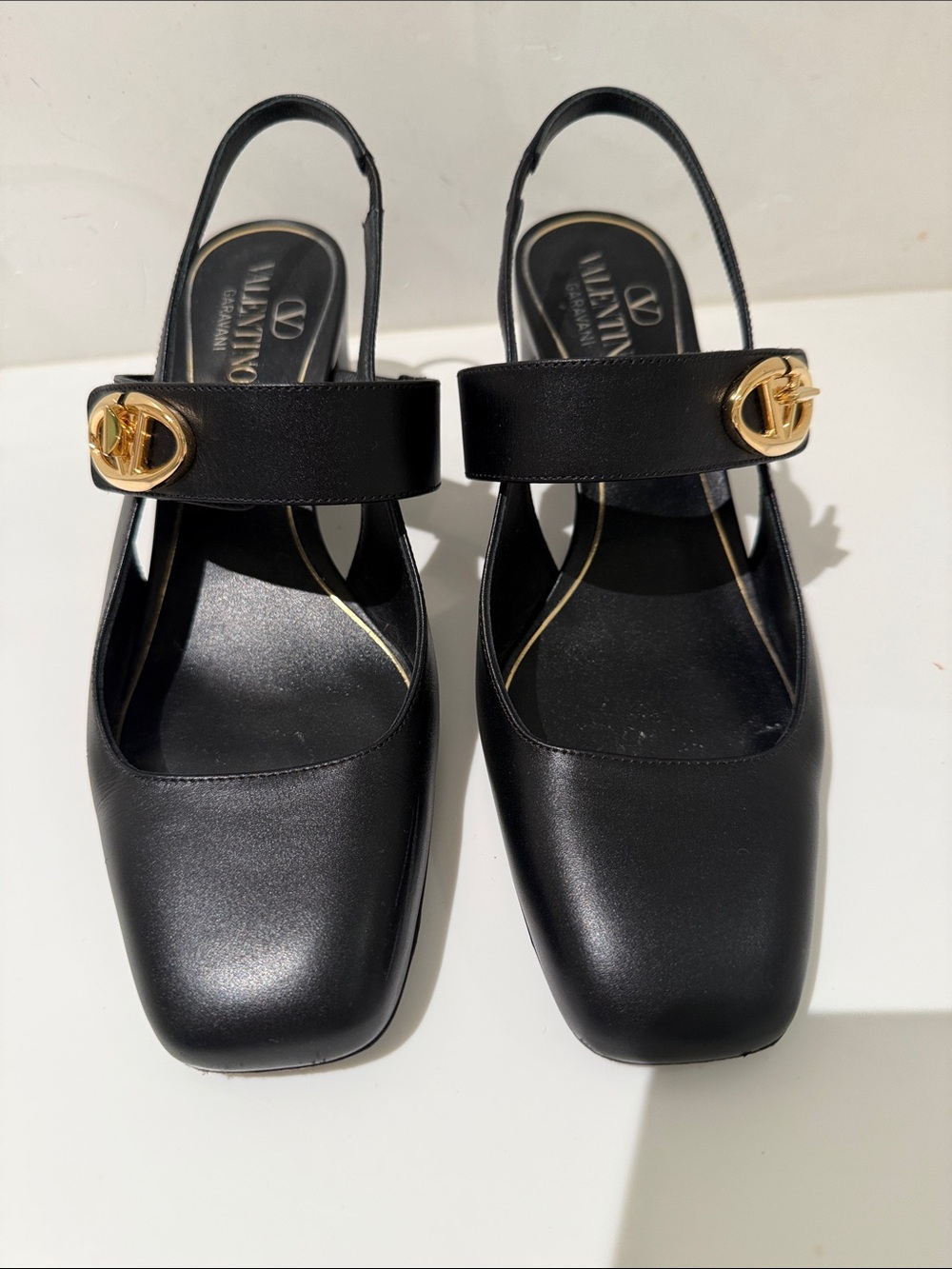 Valentino Garavani Black Leather Mary Jane Slingback with Gold Logo Accent